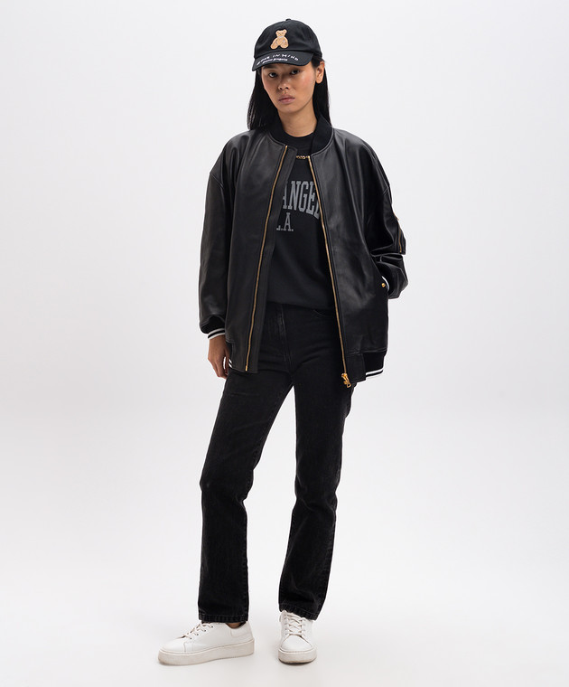 Palm Angels Черный кожаный бомбер с принтом логотипа PWJA034F24LEA001 изображение 3