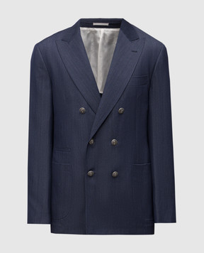 Brunello Cucinelli Синий двубортный блейзер с шерсти, абаки и шелка. MR4957BBKP