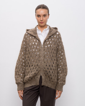 Brunello Cucinelli Коричневий ажурний кардиган з вовною MNA326506