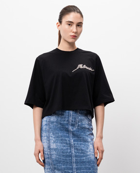 Balmain Черная укороченная футболка с кристаллами EF1EE125PC70