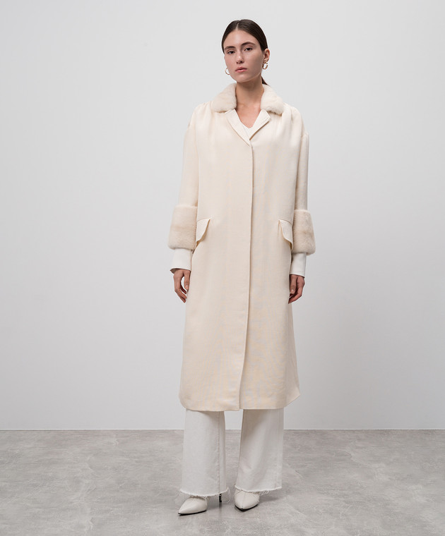 Via Cappella Бежевое пальто из кашемира, шелка и льна с мехом норки C217FABRICWTM изображение 3