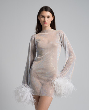 Santa Brands Белое платье мини с кристаллами и перьями страуса FEATHERSDRESS