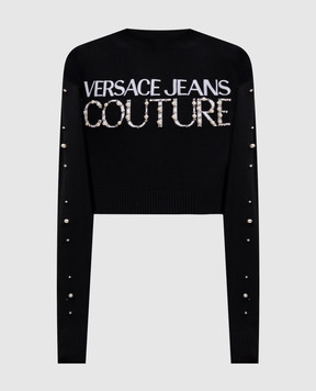 Versace Jeans Couture Черный укороченный джемпер с вышивкой логотипа с бусинами 77HAFM30CMN60
