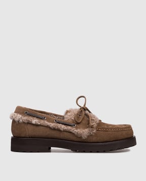 Brunello Cucinelli Коричневые замшевые лоферы на меху с цепочкой мониль MZSFG3114