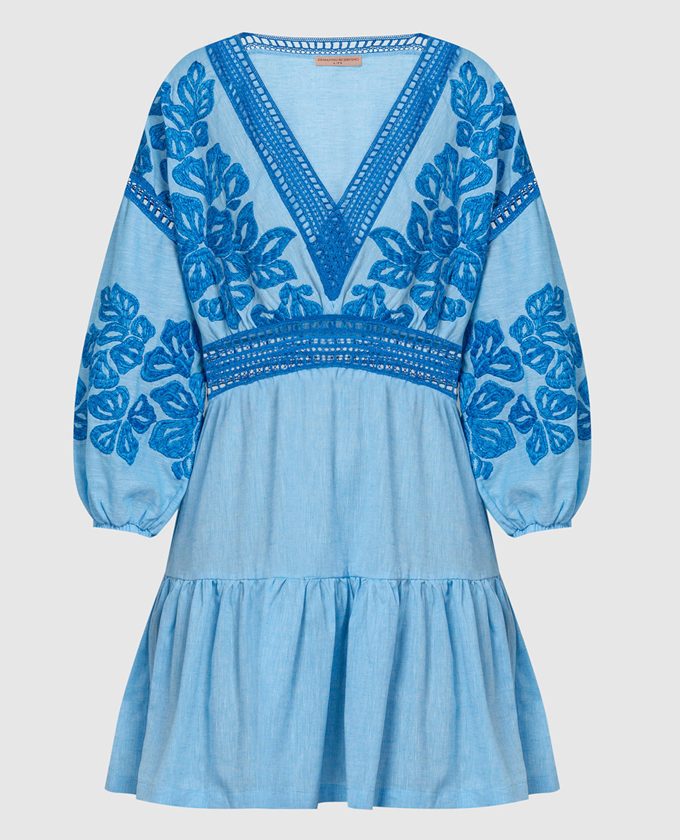 Голубое платье с леном с кружевом