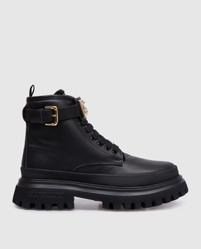 Dolce&Gabbana Дитячі чорні шкіряні черевики на хутрі з металевим логотипом DG D11266AU1453136