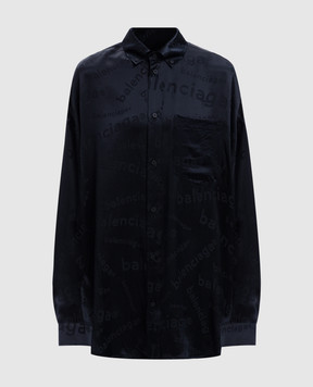 Balenciaga Синяя блузка из шелка в логотипе тканый узор. 773300TRN04