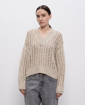 Brunello Cucinelli Бежевий ажурний пуловер Dazzling з шовком та льоном MEA393102