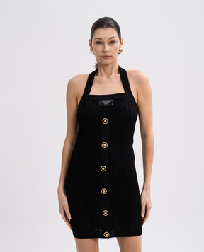 Balmain Чорна сукня міні в рубчик з нашивкою логотипа EF1R4023KI10