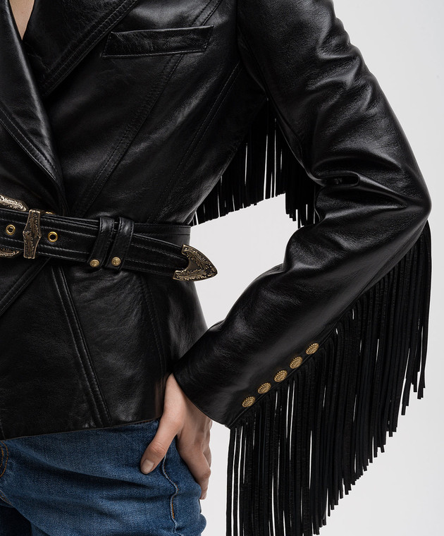 Balmain Черная двубортная кожаная куртка с бахромой CF1SI353LC92 изображение 5