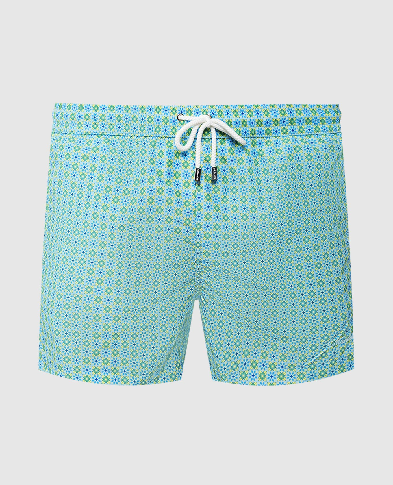 Blue geometric print swim shorts with logo