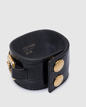 Tom Ford Черный кожаный браслет с тиснением под кожу крокодила с логотипом. JW078ALE001X