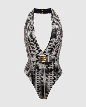 Balmain Чорний купальник в брендовий принт з поясом BKBU12200
