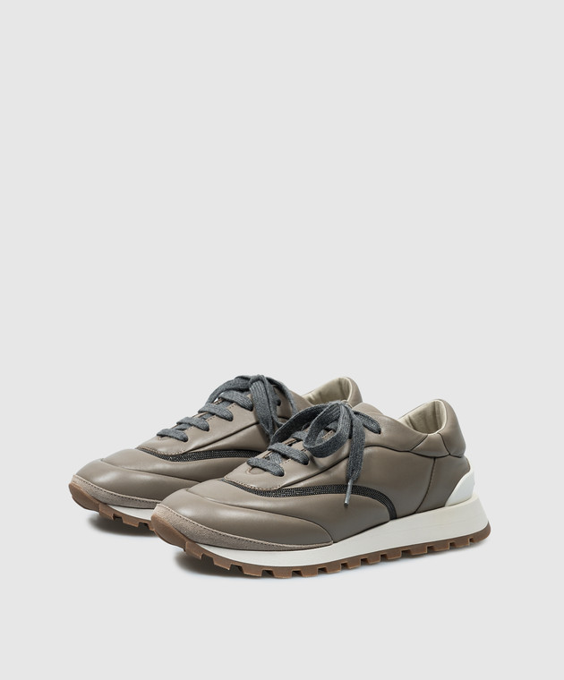 Brunello Cucinelli Коричневі шкіряні кросівки з ланцюжком моніль MZSKG2781P зображення 2