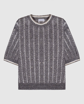 Brunello Cucinelli Серый ажурный топ из льна с пайетками MCO559400