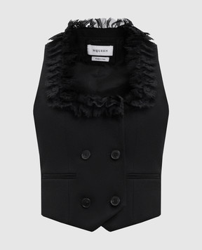 Alexander McQueen Чорний двобортний жилет з вовни та шовку з рюшами 839558QJAAC