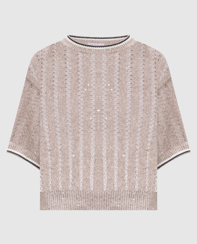 Brunello Cucinelli Бежевый топ из льна в ажурный узор с пайетками. MCO559400