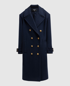 Balmain Синє двобортне пальто з вовни вільного крою BF1UD095WB72