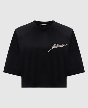 Balmain Черная укороченная футболка с кристаллами EF1EE125PC70