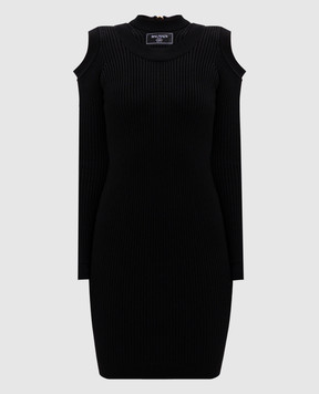 Balmain Черное платье миди в рубчике с патчем логотипа EF1R8291KI10