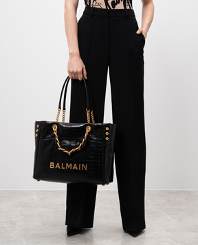 Balmain Черная ширяная сумка-тоут Cabas 1945 с фактурным логотипом EN1FF827LETF