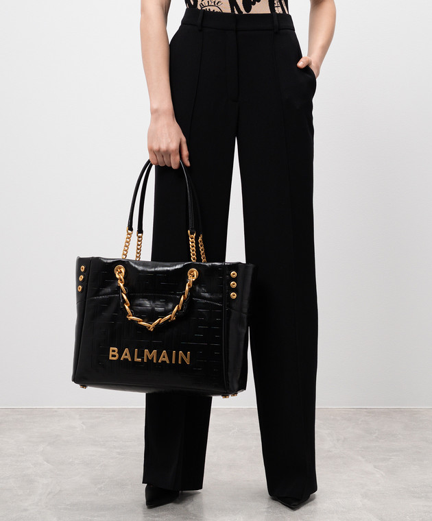 Balmain Чорна шіряна сумка-тоут Cabas 1945 з фактурним логотипом EN1FF827LETF зображення 2