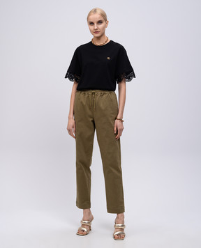 Twinset Чорна футболка з мереживом та емблемою 251TT2410