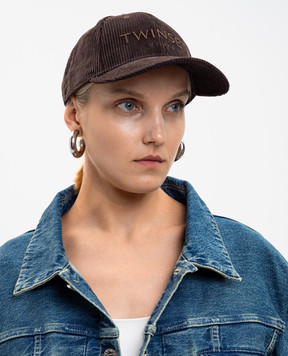 Twinset Коричнева вельветова кепка з вишивкою логотипа 252TO5440