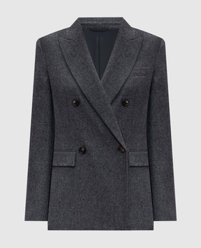 Brunello Cucinelli Серый двубортный жакет из шерсти и кашемира с цепочкой мониль MD5887083