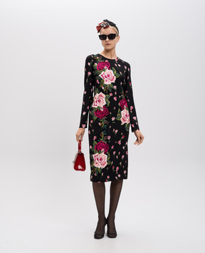 Dolce&Gabbana Черное платье из шелка в цветочный принт с вышивкой F66R6ZFSATS
