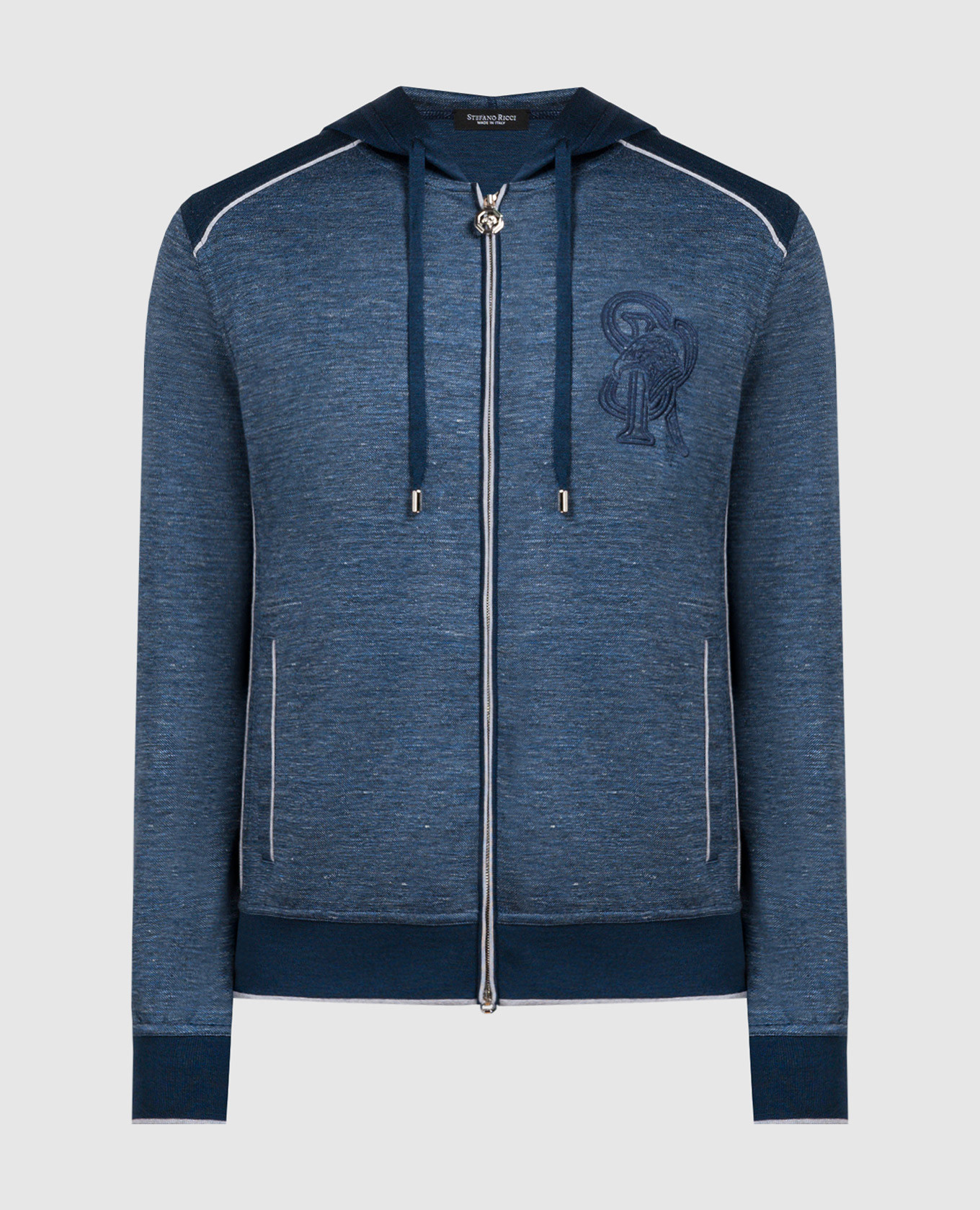 Blue silk and linen sports jacket with logo embroidery