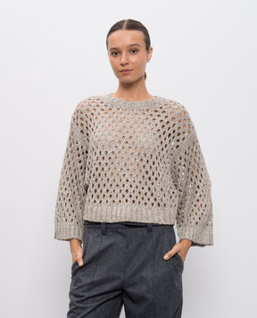 Brunello Cucinelli Бежевий ажурний светр з шовком і льоном MEA338200