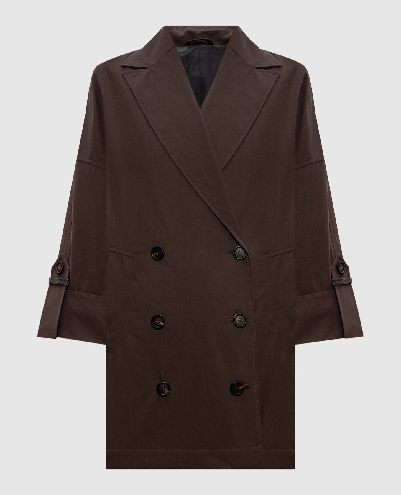 Коричневое двубортное пальто с цепочкой мониль