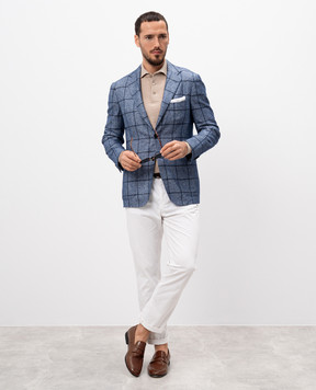 Kiton Синий блейзер из шелка и кашемира в клетку UG81K01S59