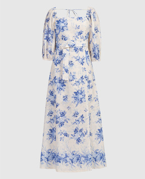Twinset Бежевое платье с леном в цветочный принт с разрезом. 241TT2428