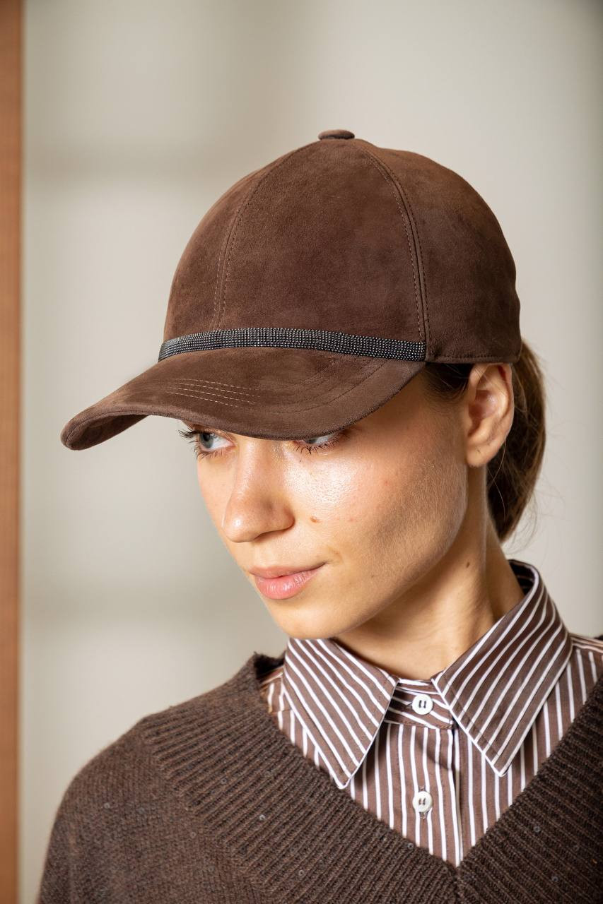 Brunello Cucinelli Коричнева замшева кепка з ланцюжком моніль MCAP9F151P зображення 6