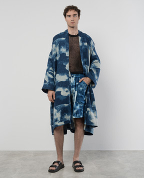 Jan Jan Van Essche Синій подовжений кардиган на запах з льону в абстрактний принт KIMONO14LINENTWILL