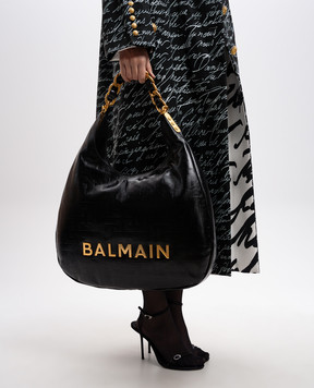 Balmain Черная кожаная сумка-хобо 1945 года Soft Hobo с металлическим логотипом EN1BT929LETF