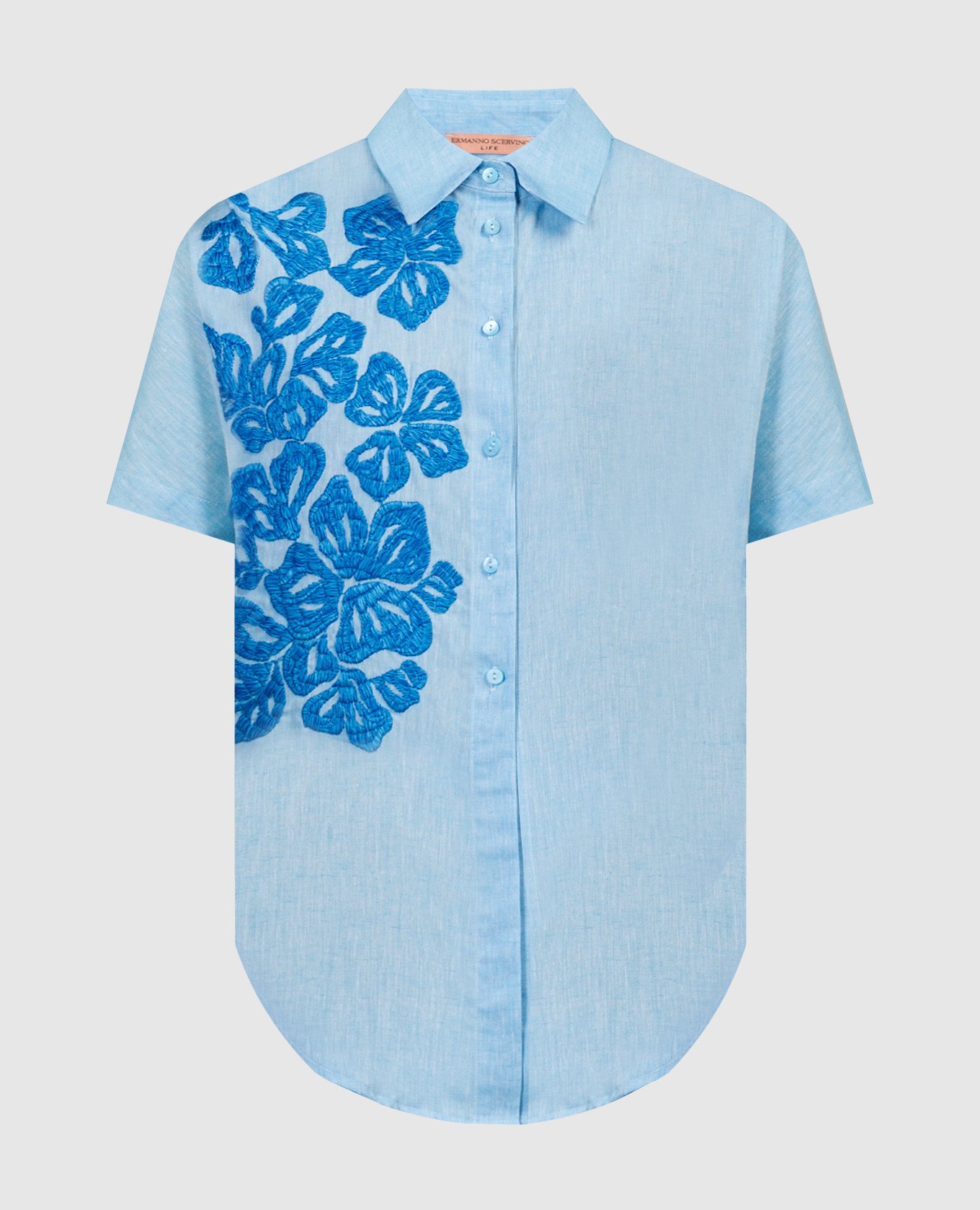 Голубая рубашка с леном с вышивкой