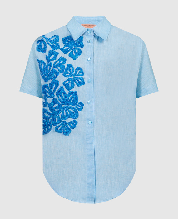Блакитна сорочка з льоном з вишивкою