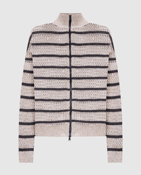 Brunello Cucinelli Бежевый ажурный кардиган из льна в полоску MCO558906