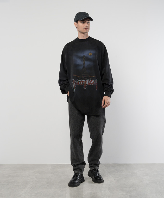 Balenciaga Черный лонгслив PARIS MOON с винтажным эффектом 791613TQVY2 изображение 2