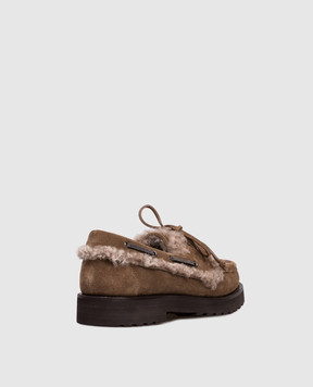 Brunello Cucinelli Коричневые замшевые лоферы на меху с цепочкой мониль MZSFG3114