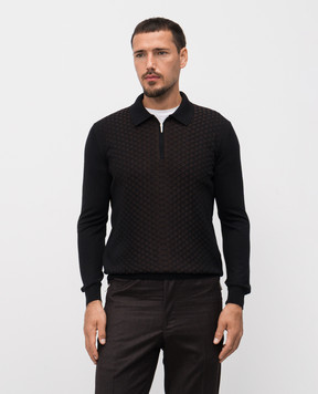 Bertolo Cashmere Черное поло с шерстью и шелком в геометрический узор 902518002531