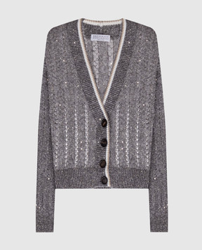 Brunello Cucinelli Серый кардиган из льна в ажурном узоре. MCO559416