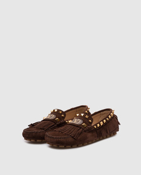Valentino Коричневые замшевые мокасины Rockstud с бахромой. 6W2S0LL2KAD