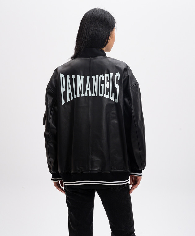 Palm Angels Черный кожаный бомбер с принтом логотипа PWJA034F24LEA001 изображение 5