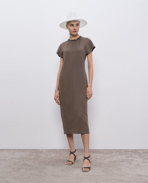 Brunello Cucinelli Коричнева сукня міді з льоном з ланцюжком моніль MH126AHB51