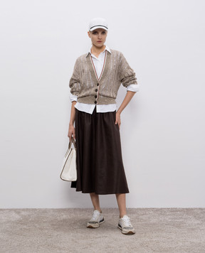 Brunello Cucinelli Коричневий кардиган з льону в ажурний візерунок MCO559416