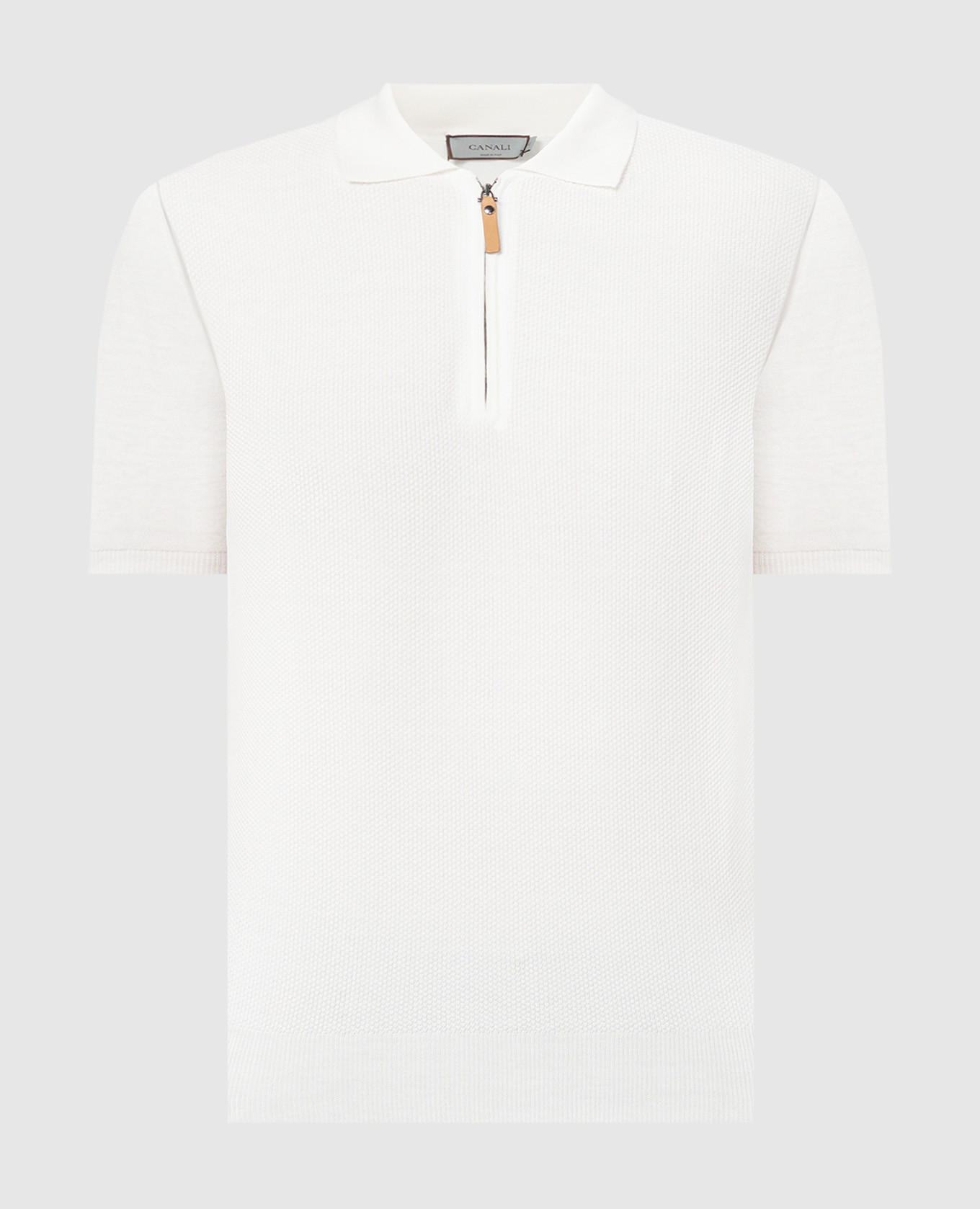 White polo in a woven pattern